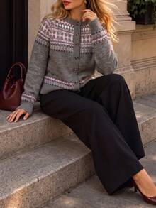 Women's Fall Winter Grey Fair Isle Knit Cardigan, Round Neck Single Breasted Long Sleeve, Retro Geometric Pattern Cropped Sweater Coat For Daily Wear - Grey - View 11
