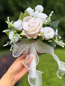 White Pearl Tulip Bridal Bouquet(8.66inch)With Pearl Decoration, Lace Bow Artificial Flower For Wedding Party Prom Gift - Multicolor - View 24
