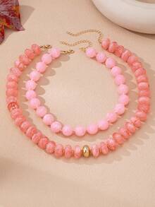 OABE 2pcs/Set Bohemian Style Elegant Pink Round And Oval Bead Layered Necklace Set Suitable For Women - Pink - View 4