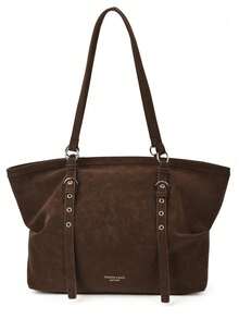Solid Color Adjustable Shoulder Strap Shoulder Tote Bag Zipper Closure Minimalist Style Large Capacity Body Storage Water Bottle Books Umbrella Suitable For Daily Work School Commute Short Trips Shopping - Coffee - View 7