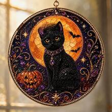 Vintage Mystical Black Cat Round Acrylic Window Hanging Light Catcher, Witchy Suncatcher, Home Window Decor, Halloween Wall Ornament, Gothic Art Hanging, Aesthetic Room Decor - Multicolor - View 8