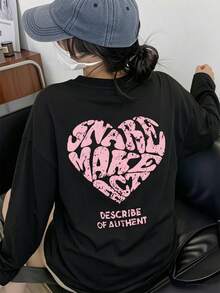 Women's Round Neck Long Sleeve T-Shirt, Spring/Autumn New Heart & Letter Print, Fashion Casual Versatile Loose Fit Top - Black - View 1