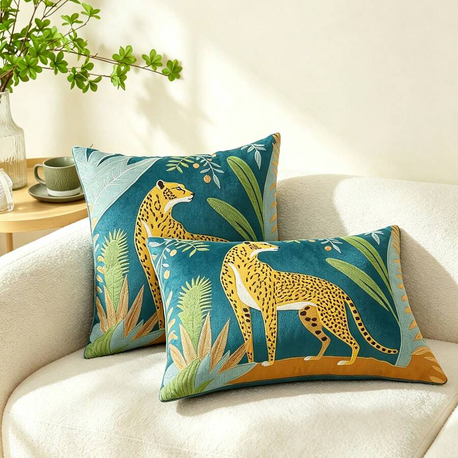 LCUHPCL 1pc Vintage Jungle Cheetah Embroidery Velvet Cushion Cover, Decorative Animal Pattern Throw Pillow Case For Sofa Bedroom Home Decor, No Pillow Insert