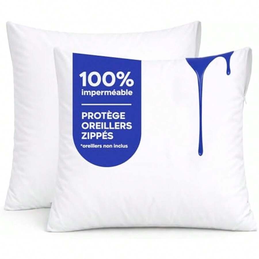 Protège Oreiller 60x60 Imperméable Oeko-Tex | Lot de 2 housses . Lavable à haute température . Protection anti-acariens . Certif - couleur comme sur la photo - Voir 1