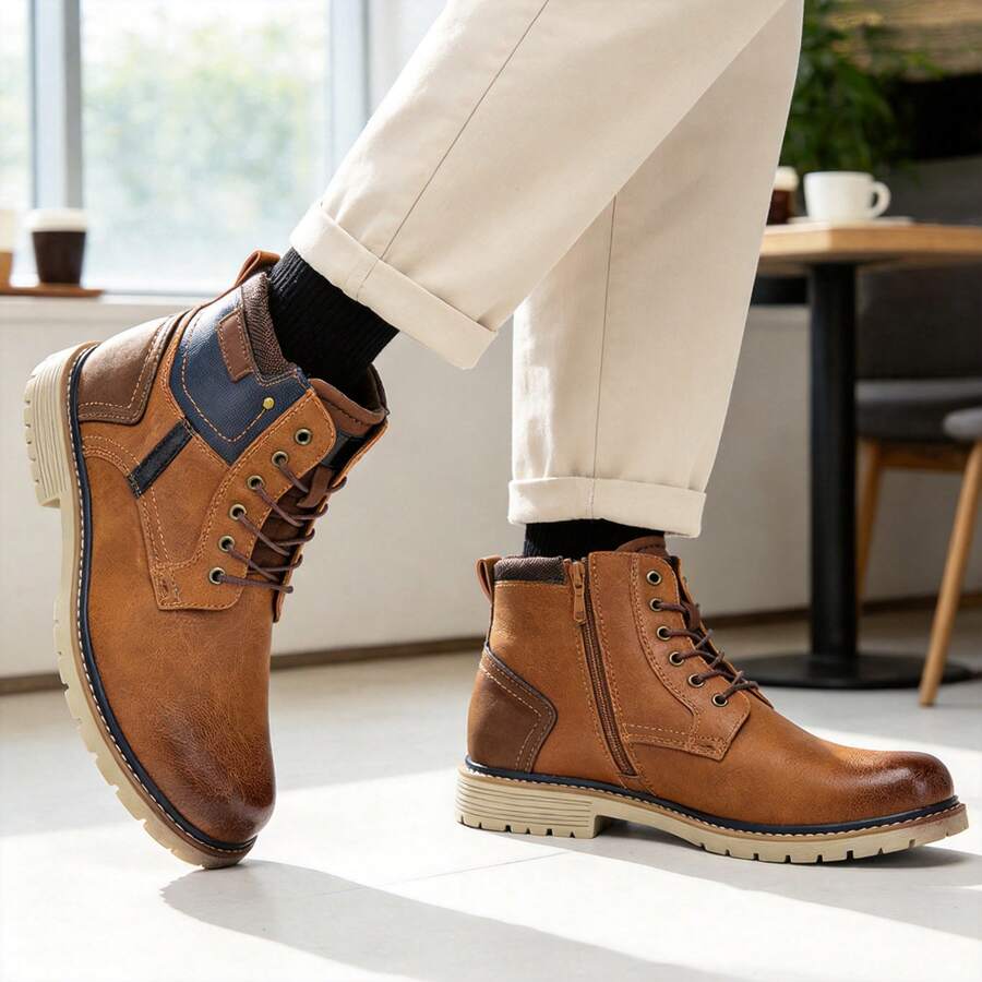 Men's Vintage Work Boots, Multi-Color Patchwork Design Upper, Inner Zipper, Non-Slip Wear-Resistant Rubber Sole, Commuting Hiking Ankle Boots - Brown - View 1