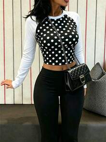 SuofeiMan Women's Casual Polka Dot Raglan Long Sleeve Cropped Top, Round Neck Knit Fabric T-Shirt, Suitable For Autumn/Winter, Slim Fit - Black - View 4