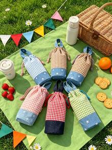 1pc Plaid Spliced Drawstring Water Bottle Bag, Portable Hand‑Held Insulated Cup Sleeve, Anti‑Scald Water Bottle Pouch, Protective Holder For Cup For Outdoor Picnic Travel Daily Use,Christmas Home Decor - Multicolor - View 5