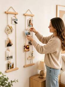 18pcs Wall Hanging Photo Display Set/Natural Wood Photo Wall Hanging Rope/Wooden Hemp Rope Decorative Photo Clips/Hanging Photo Clips Frame/Includes 1 Hanging Display Rack + 15 Photo Clips + 1 Adhesive Hook + 1 Metal Hook - Multiple Styles - View 1