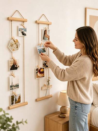 18pcs Wall Hanging Photo Display Set/Natural Wood Photo Wall Hanging Rope/Wooden Hemp Rope Decorative Photo Clips/Hanging Photo Clips Frame/Includes 1 Hanging Display Rack + 15 Photo Clips + 1 Adhesive Hook + 1 Metal Hook