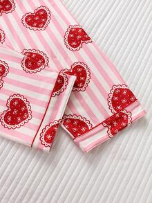 Setelan Piyama Wanita Motif Garis-Garis dan Hati, 2 Potong, Atasan Lengan Panjang dengan Kerah dan Celana Panjang Pinggang Elastis, Pakaian Santai yang Lembut - Merah - View 9