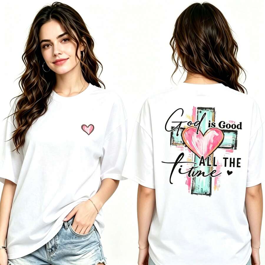 Unisex T-Shirt With Hand-Drawn Cross And "God Is Always Good" Lettering, Soft, Lightweight, And Short-Sleeved. Perfect Summer Top. - 白色 - 查看 1