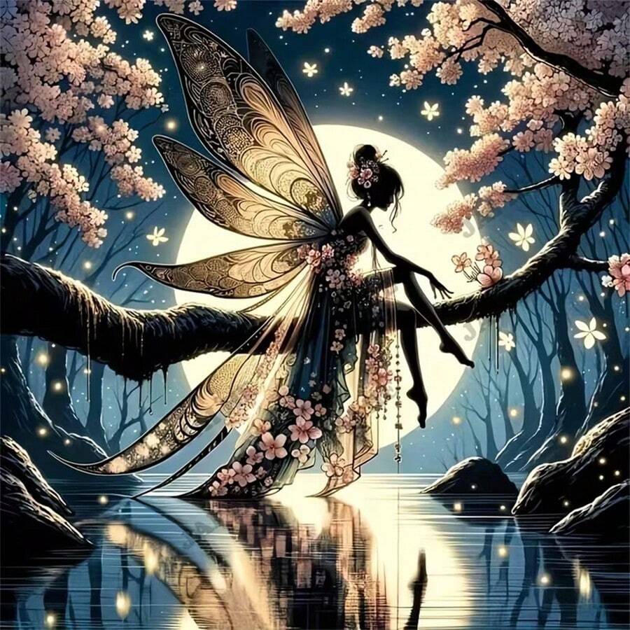 1PC | 5D DIY Diamond Painting | Moonlit Cherry Blossom Fairy Pattern Diamond Painting Kit, Round Full Drill Mosaic Craft Set, High Definition Art Diamond Painting, Focus And Relax Through DIY, Suitable For Living Room, Bedroom, Office Wall Decoration, Surprise Holiday Home Decor Gift For Family And Friends, Unframed - round diamond - View 1