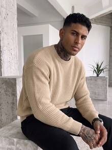 Men's Autumn/Winter Basic Solid Color Lightweight Sheer Polyester Pique Textured Casual Fitted Long Sleeve Drop Shoulder Crew Neck Pullover Sweater - Light Yellow - View 2