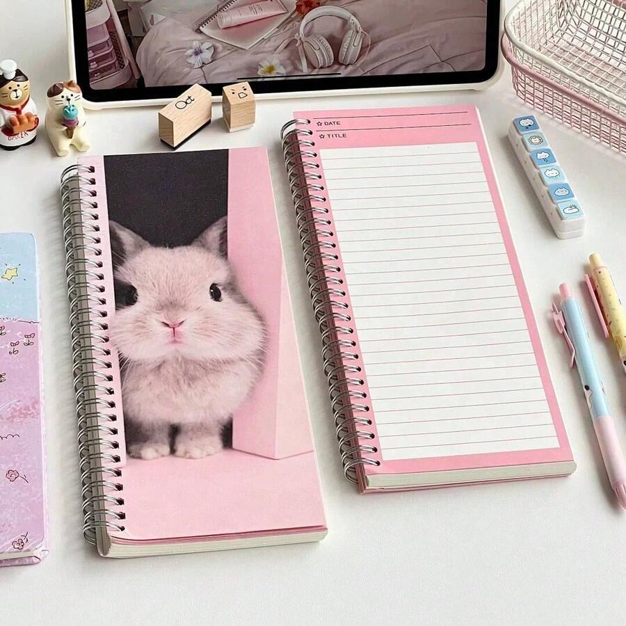 Cute Korean Style Rabbit Spiral Notebook, Pink Slim Long Lined Diary, DIY Handmade Daily Planner, Suitable For Students - Multicolor - View 1
