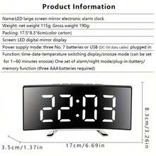 SOKANY Curved Mirror LED Digital Clock With Temperature/Humidity/Date Display, Soft Night Mode, 3 Sets Of Alarm/Snooze Function, USB/Battery Dual Power Supply, Fashion Black Home Decor, Office Digital Clock - Black - View 11