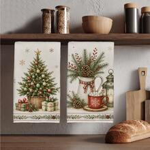 2PCS Kitchen Towels, Vintage Christmas Tree & Berry Pattern Dish Cloths, 40*60cm Rectangular Microfiber Cleaning Towels, Perfect For Kitchen, Dining Room & Bathroom Use, Kitchen Decor, Home Decoration, Housewarming Gift For Neighbors, Scouring Pads - Multicolor - View 1