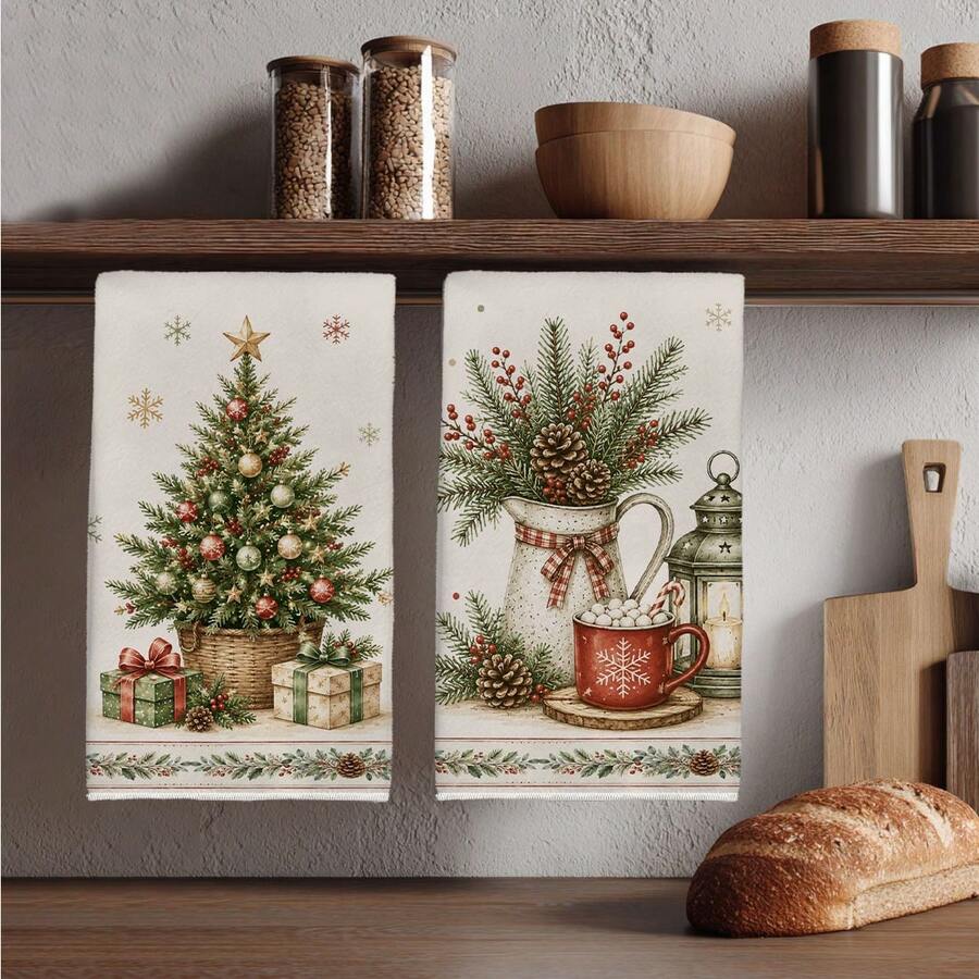 2PCS Kitchen Towels, Vintage Christmas Tree & Berry Pattern Dish Cloths, 40*60cm Rectangular Microfiber Cleaning Towels, Perfect For Kitchen, Dining Room & Bathroom Use, Kitchen Decor, Home Decoration, Housewarming Gift For Neighbors, Scouring Pads - Multicolor - View 1