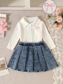 2pcs Infant/Toddler (Girl) Sweet Cool Embroidered Bow Collar Long Sleeve Top & Denim Shorts Set, Spring/Autumn Back To School Season - White - View 2