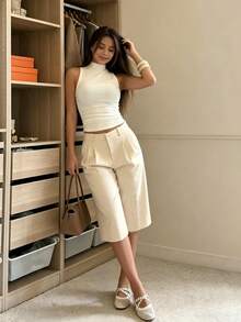 Solid Color Suit Fabric Pleated Decor Casual Mid-Length Pants - Apricot - View 4