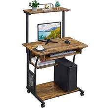 Small Rolling Computer Desk With Hutch And Shelves, Rustic Brown Particle Board And Metal, With Keyboard Tray, Hutch, And Shelf For A Monitor And Tower In Tight Spaces, Gliding On Casters. - Rustic Brown - View 2