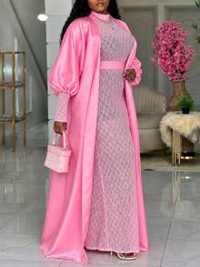African Women's Plus Size Pink 2-Piece Satin Front-Open Long Kimono Jacket And Lace Maxi Dress Set, Fashionable Evening Party Formal Wear - Pink - View 5