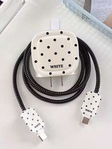 1組經典時尚清新黑白波點充電線保護套組，相容Apple 20W/18W充電頭，防摔線材保護套，線材收納整理，適用 17 16 15 14 13 12 11手機20W充電適配器 - 黑色波點 - 查看 5
