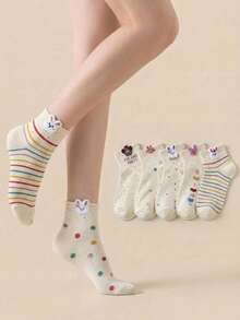 5雙3D卡通兔子中筒襪，彩色波點與條紋可愛女孩襪 - 彩色 - 查看 1