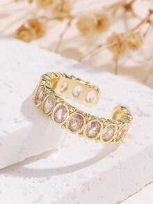 1pc Luxury Style Fashion Versatile Unique Elegant, Fade-Resistant Copper Oval Rhinestone Open Adjustable Ring, Suitable For Women's Daily Wear, Dating, Party, Gift Accessory - Gold - View 2