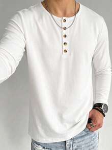 Kaos Lengan Panjang Pria Warna Polos Kerah Henley, Putih 4 Kancing Kasual Slim Fit Atasan Lapisan Dasar untuk Musim Semi dan Gugur - Putih - View 1