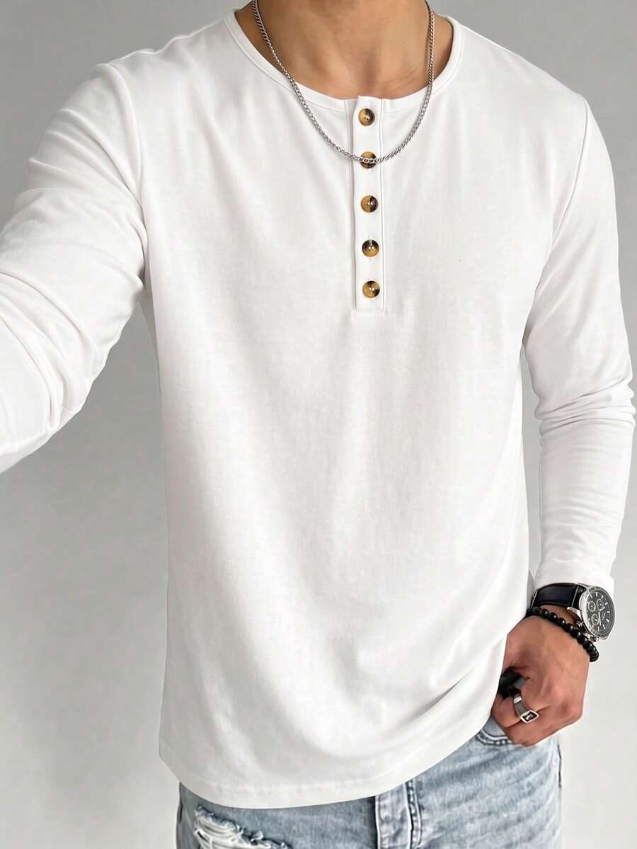 Kaos Lengan Panjang Pria Warna Polos Kerah Henley, Putih 4 Kancing Kasual Slim Fit Atasan Lapisan Dasar untuk Musim Semi dan Gugur - Putih - View 1