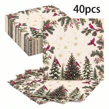 20/40/100pcs Christmas Holiday Disposable Paper Napkins, 2-Ply Red Cardinal & Cedar Tree Print Dinner Napkins, Pine Cone, Berry & Gold Snowflake Pattern Dessert Napkins, Suitable For Christmas Family Gatherings, Winter Holiday Dinner Parties, 6.5*6.5 Inches - Multicolor - View 7