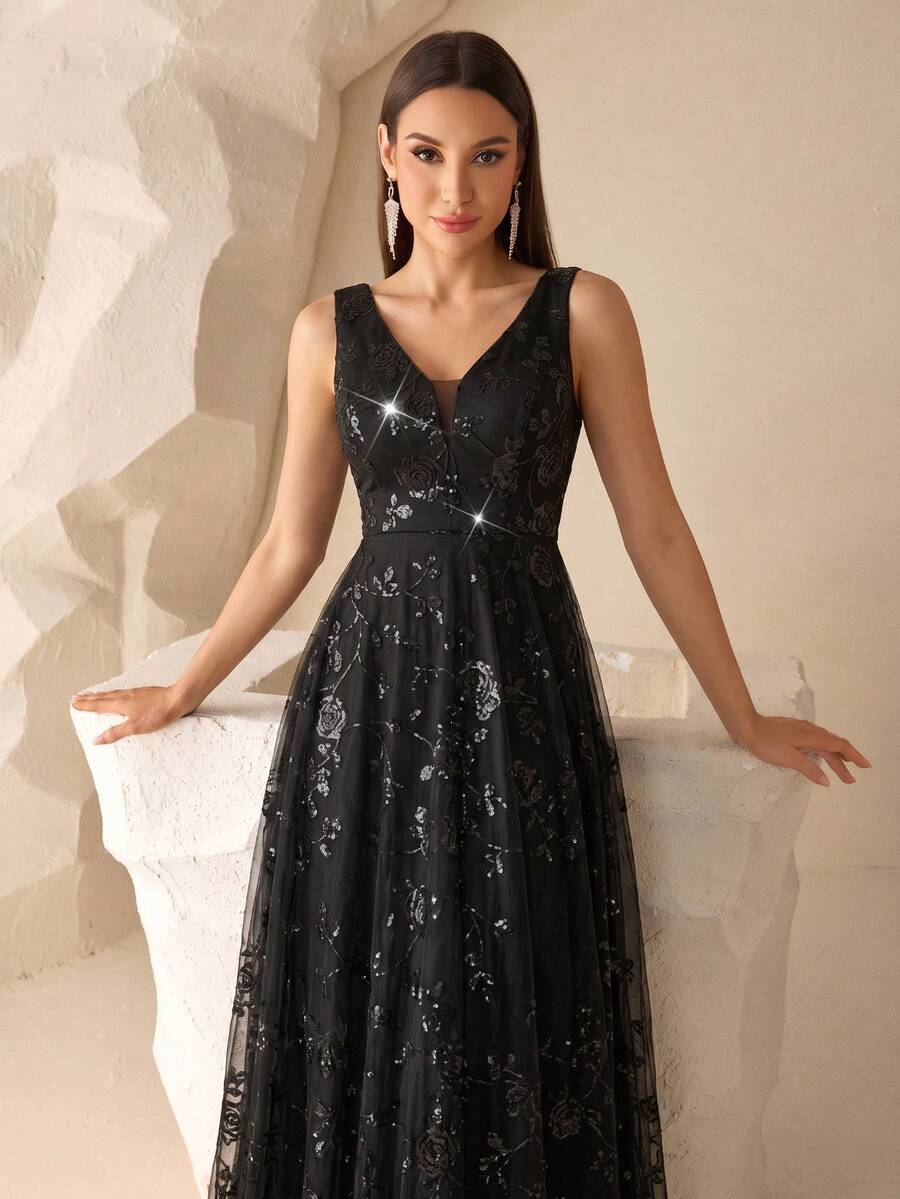 秋季優雅亮片網紗V領無袖A字黑色晚禮服,適合婚禮賓客、派對、畢業典禮、節日 - 黑色 - 查看 1