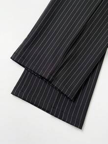1pc Women's Striped Pleated Straight Leg Pants, Business Commute, Casual , Striped Ruffle/Frill Hem Straight Leg Pants Black - Black - View 7