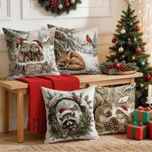 4pcs Winter Forest Animal Christmas Pillow Covers, Snow Rabbit Fox Raccoon Squirrel Print Pattern, Single-Sided Print Pillow Covers/Cushion Covers, Multi-Scene Atmosphere Decoration Pillow Covers Suitable For Living Room Sofa Bedroom, Pillow Insert Not Included - Multicolor - View 8