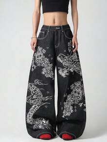 1件美式街頭復古女款紅色刺繡黑色牛仔褲 寬鬆舒適寬腿時尚四季百搭牛仔長褲（本產品不含腰帶/配件） - 黑與白 - 查看 3