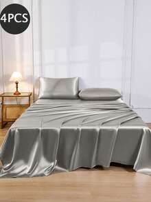 4pcs Light Gray Premium Solid Color Silky Satin Bedding Set, 1pc Fitted Sheet & 1pc Flat Sheet & 2pcs Pillowcases Mattress Protector Set (Pillow Inserts Not Included) - Light Grey - View 2