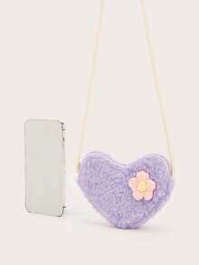 1pc Autumn/Winter Plush Heart Cute Shoulder Crossbody Bag Mini Flower Small Crossbody Bag - Plush - View 6
