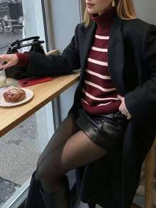 女款春夏新款高領灰色極簡通勤修身優雅羅紋長袖針織套頭毛衣 - 棗紅拼淺粉 - 查看 7