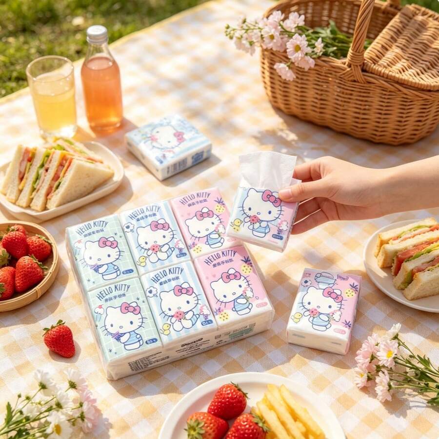 Sanrio 9/18 Small Pack/Set Exquisite Handkerchief Tissues, Cute Hello Kitty Printed Chiffon Paper, Portable Cartoon Pattern Facial Tissues, Suitable For Office, Birthday Gift, Wedding, Restaurant, Back To School Season - Cartoon - View 1