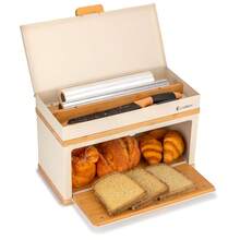 Large Bamboo Bread Box With Roll Top Lid & Storage Drawer, Double Layer Kitchen Bread Storage Bin, Bread Keeper For Loaf, Bagels, Pastries & Baked Goods, Modern Countertop Bread Box Organizer (Black/Cream) - View 2