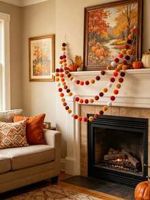 5/3/2pcs Handmade Wool Felt Rainbow Pom Pom Garland, Colorful Fluffy Pom Pom Bunting, Orange Yellow Autumn Atmosphere Pom Pom Wreath, Vintage Farm Style Autumn Harvest Decoration, Thanksgiving Theme Party Backdrop, Fireplace Entryway Window Wall Hanging Soft Decor, Indoor Holiday Atmosphere Photo Prop Home Decoration - A - View 7