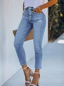 Stretchy Single-Breasted Women's Denim Skinny Casual Pants Spring Fall - Light Wash - View 7