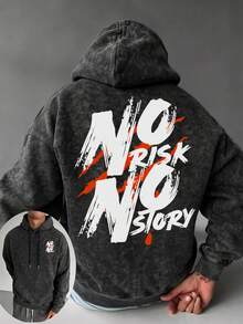 男士碳黑色紮染做舊 NO RISK NO STORY 紅色刷筆塗鴉英文字體寬鬆版袋鼠口袋連帽衛衣 - 黑色 - 查看 3