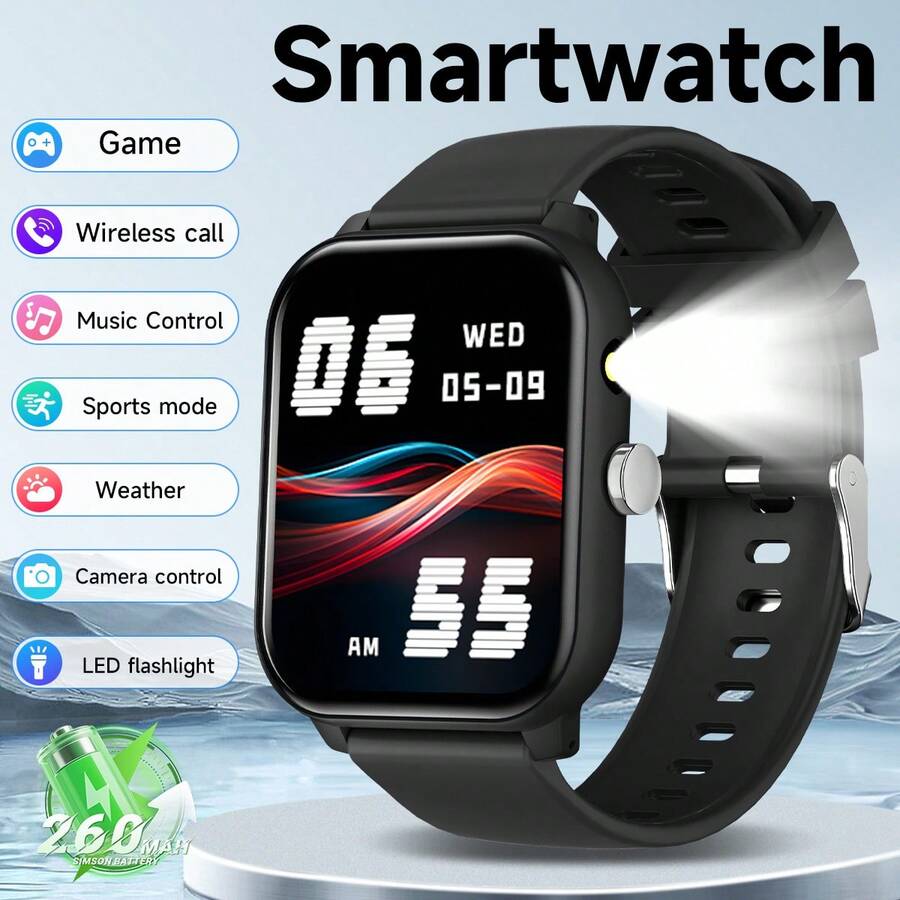 1pc Neutral Style High-Definition Full Screen Smart Watch, With Flashlight, Wireless Calling, Multiple Sports Modes, Message Notification, Fitness Tracking, Calorie & Distance Tracking, Music Control, Remote Camera, Sporty Design, Suitable For World Cup Party - 彩色 - 查看 1