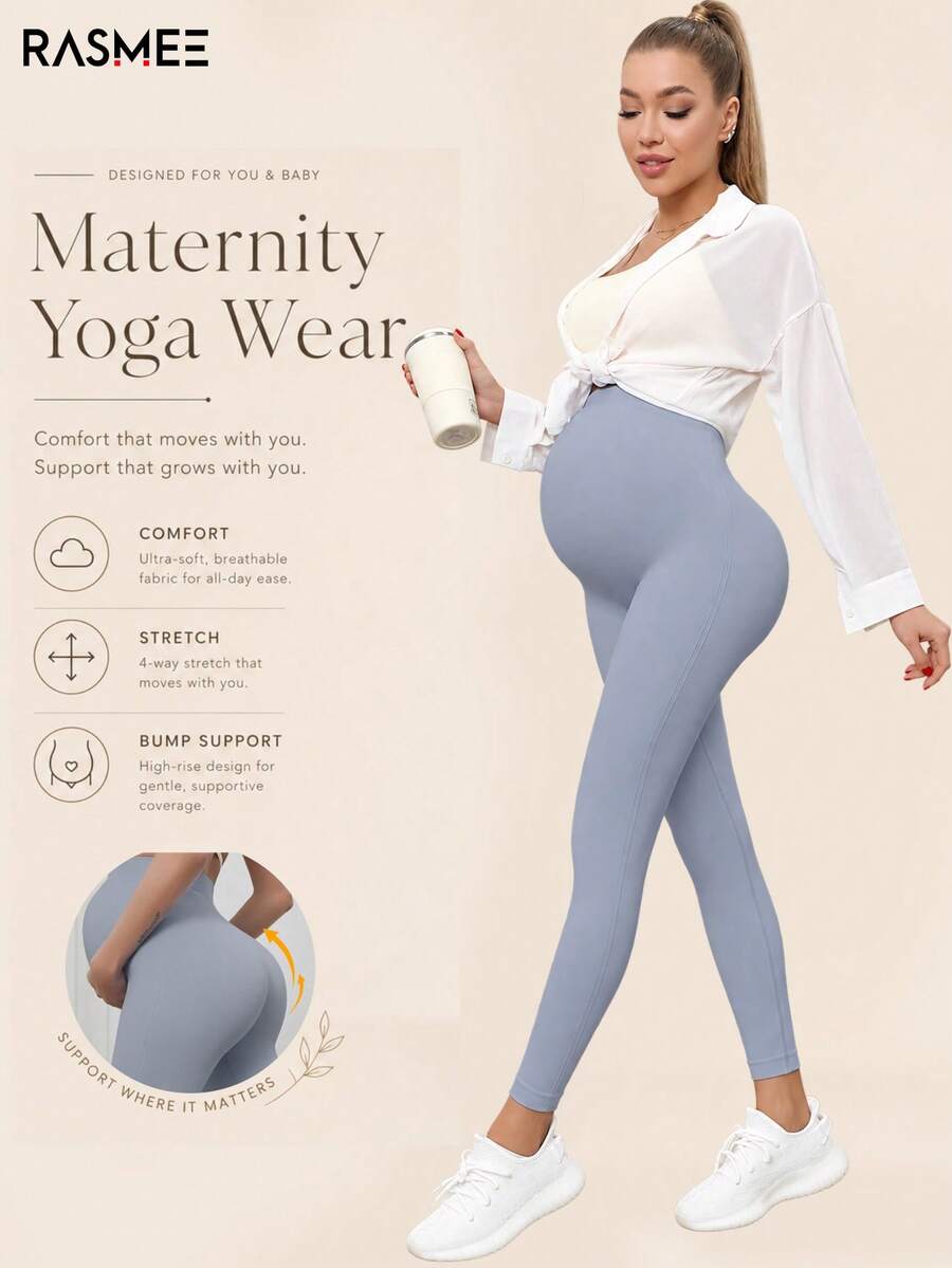 Maternity Seamless High Waist Stretch Solid Color Leggings, Suitable For Casual Daily Wear Spring - Grey - View 1