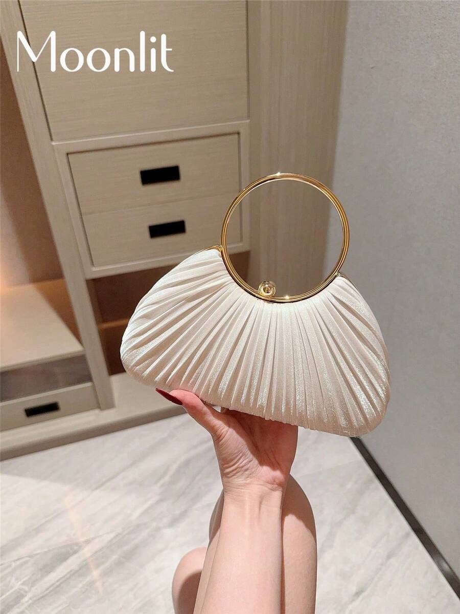 1件女款優雅方盒型百褶設計手拿包,奢華亮片手鍊手柄正式派對手提包,新娘婚禮用品 - 白色 - 查看 1