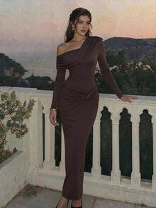 Gaun Pesta Elegan Lengan Panjang Wanita Musim Gugur/Dingin, Model Pas Badan, Bahu Asimetris, Desain Berkerut Asimetris, Detail Kancing Depan, Hem Model Duyung, Cokelat - Coklat - View 8