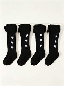 4 Pairs Of Black Heart-Patterned, Skin-Friendly, Warm, Thickened Thigh-High Tights For Baby Girls-Perfect For Everyday School Wear, Fall/Winter Style - Multicolor - View 4