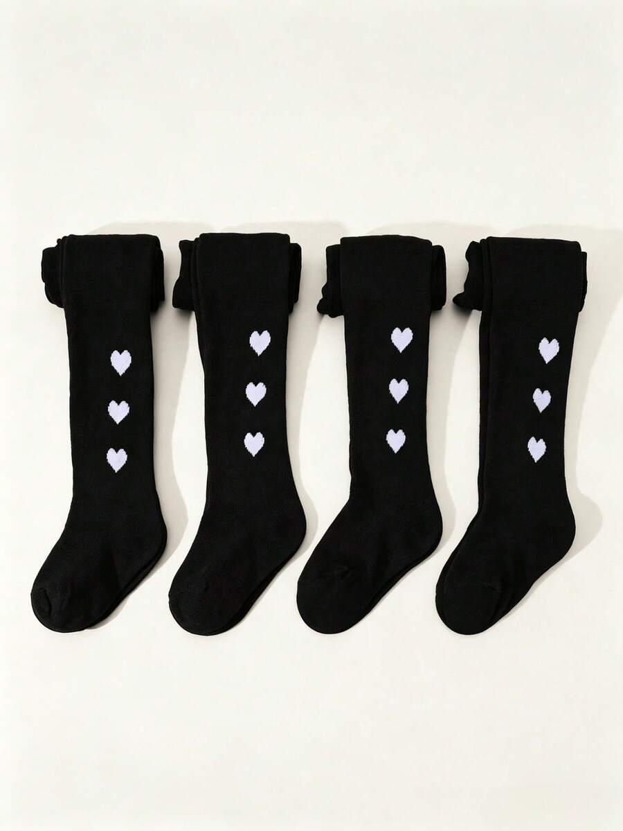 4 Pairs Black Heart Pattern Skin-Friendly Warm Thickened Baby Girls Thigh High Socks, Suitable For Daily School Wear, Autumn/Winter Style - Multicolor - View 1