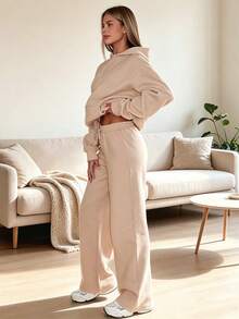 2pcs/Set Autumn/Winter Casual Solid Color Sweatshirt Set, Hooded Pocket Top With Elastic Waist Drawstring Straight Leg Pants Elegant - Khaki - View 1